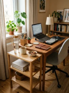 Small study room refreshment station with water and snacks beside the desk.