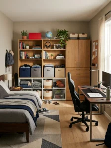 Teen bedroom with practical open and closed storage solutions