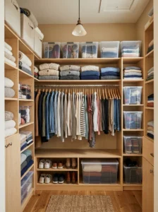 Vertical closet shelves above hanging clothes for extra storage