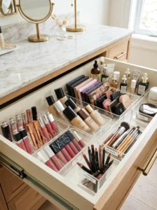 Adjustable drawer organizers neatly separating makeup products inside a vanity.
