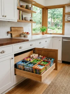 Low kitchen snack bins arranged for easy access by children.