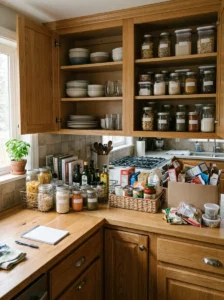 Kitchen being decluttered with pantry items sorted into organized groups.