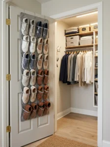 Over-the-door shoe organizer saving floor space in a small closet