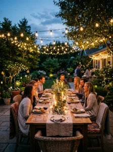 Outdoor dining table illuminated by warm white string lights