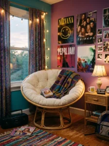 Rattan papasan chair creating a cozy reading corner in a 90s bedroom.