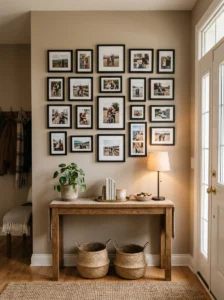 Personal photo gallery wall decorating a home entryway