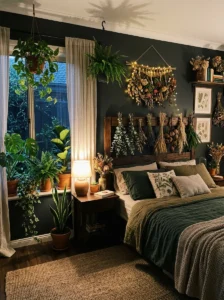 ndoor plants softening a dark bedroom.