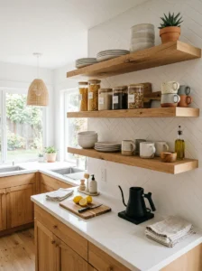 Open wood kitchen shelves displaying dishes and everyday items.