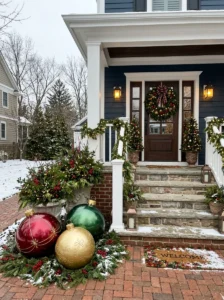 Oversized red green and gold Christmas ornaments on a porch
