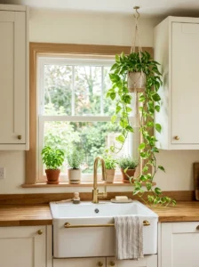 Hanging pothos plant adding vertical greenery beside a kitchen window.