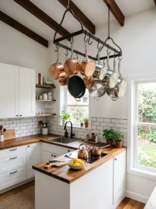 Small kitchen using a vertical pot rack for overhead storage