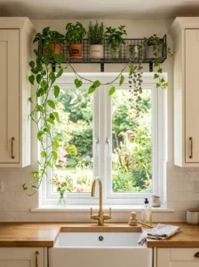 Wire shelf above a kitchen window displaying herbs and small plants.