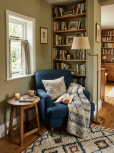 Cozy reading corner with a comfortable armchair and side table.