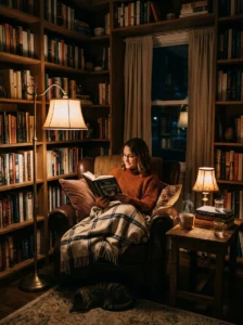 Layered warm lighting in a cozy home reading nook.