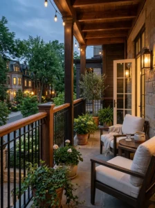 Mixed wrought iron and wood balcony railing design