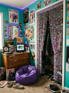 Colorful beaded curtain covering a doorway in a nostalgic 90s bedroom.