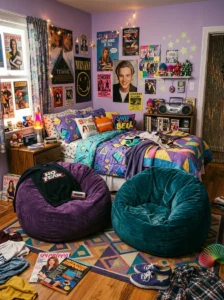 Colorful bean bag chairs creating casual seating in a 90s inspired bedroom.