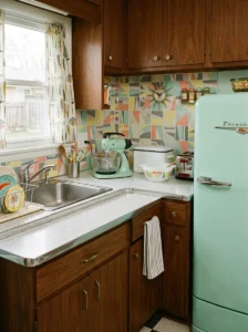 Boomerang laminate countertop in a retro kitchen.