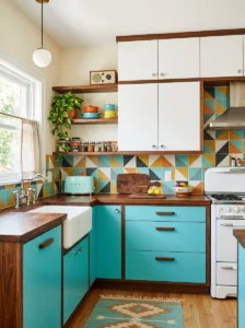 Mid-century kitchen featuring bold turquoise cabinetry.