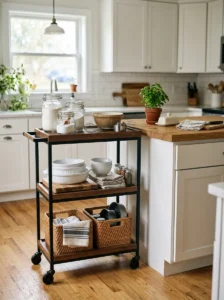 Adhesive hooks storing lightweight kitchen items inside a cabinet door.
