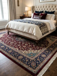 Rich patterned rug warming a bedroom.