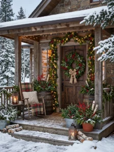 Pinecones and red berries used in Christmas porch decor