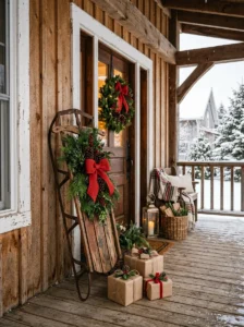 Vintage wooden sled Christmas porch decoration