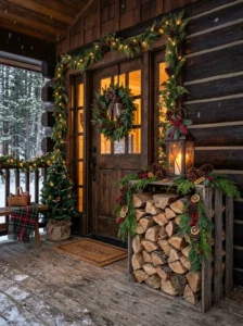 Rustic firewood crate decorated for Christmas