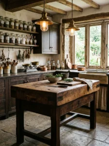Wood butcher block prep table in an old-world apothecary kitchen