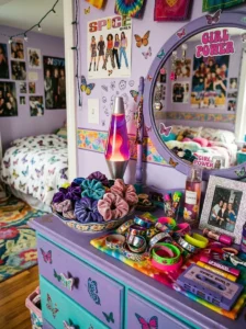 Colorful scrunchies and slap bracelets displayed on a 90s bedroom dresser.