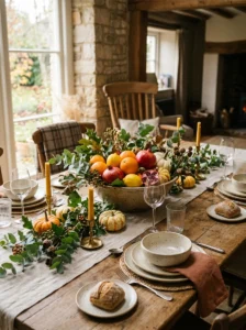 Seasonal fruit used as natural decoration on a dining table