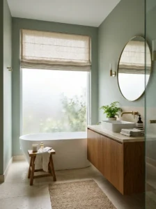 Frosted bathroom window with a soft linen Roman shade