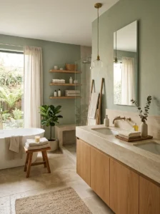 Muted sage green bathroom walls creating a calm spa-like atmosphere