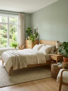Sage green bedroom with natural wood furniture and greenery.