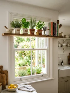 Slim kitchen shelf installed above a window.