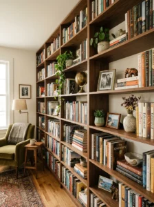 Open library shelves styled with books and decorative objects.