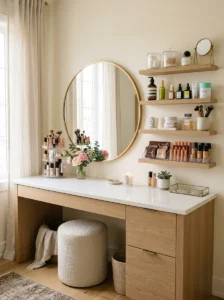 Open beauty room shelves displaying frequently used makeup and skincare products.