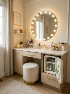 Elegant beauty room featuring a compact skincare mini refrigerator positioned beneath or beside a vanity, neatly organized skincare bottles, serums and eye creams, sophisticated white and cream interior, illuminated vanity mirror, light wood cabinetry, clean functional styling, realistic home beauty room photography, vertical 2:3
