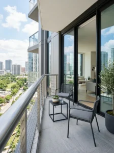 Brushed stainless steel railing on a modern balcony