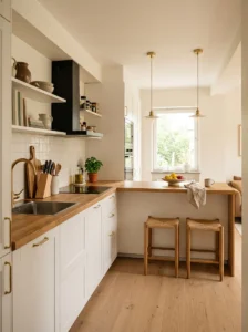 Small kitchen with peninsula counter and compact seating