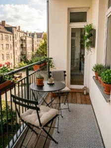 Compact balcony furniture arranged with enough space for comfortable movement.