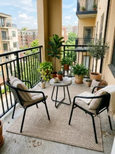 Weather-resistant neutral rug grounding a cozy small balcony seating area.