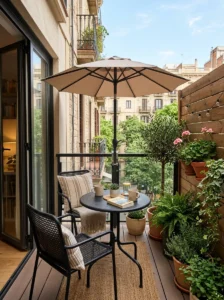 Compact patio umbrella providing shade on a small apartment balcony.