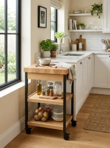 Small kitchen with a flexible rolling storage and prep cart