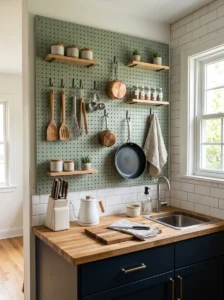 Small kitchen with a customizable pegboard storage wall