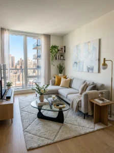Glass coffee table in a small living room.