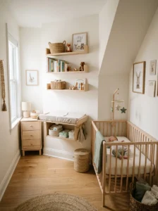 Mini crib positioned in a corner to maximize floor space in a tiny nursery.