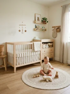 Small nursery with a soft rug defining a dedicated play area.