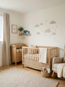 Neutral cloud and star themed nursery designed to grow with the child.