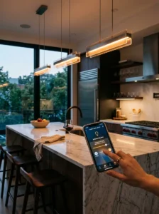 Smart pendant lighting above a modern kitchen island.